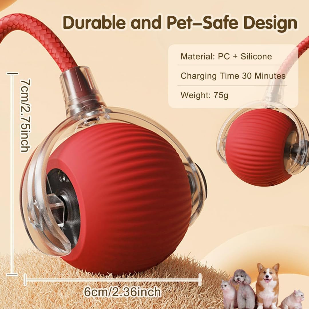 Interactive Electric Automatic Rolling Moving Rechargeable Self Play Stimulation Toy,Smart Pet Chase Ball with Speedy Tail Rope for Bored Indoor Cats Enrichment,Stimulating Dogs Toy Small Dogs (Red)