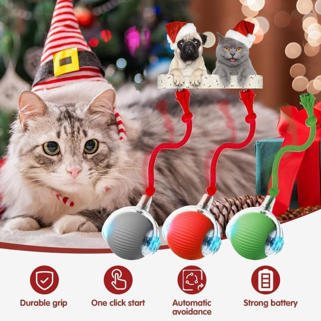 Interactive Electric Automatic Rolling Moving Rechargeable Self Play Stimulation Toy,Smart Pet Chase Ball with Speedy Tail Rope for Bored Indoor Cats Enrichment,Stimulating Dogs Toy Small Dogs (Red)