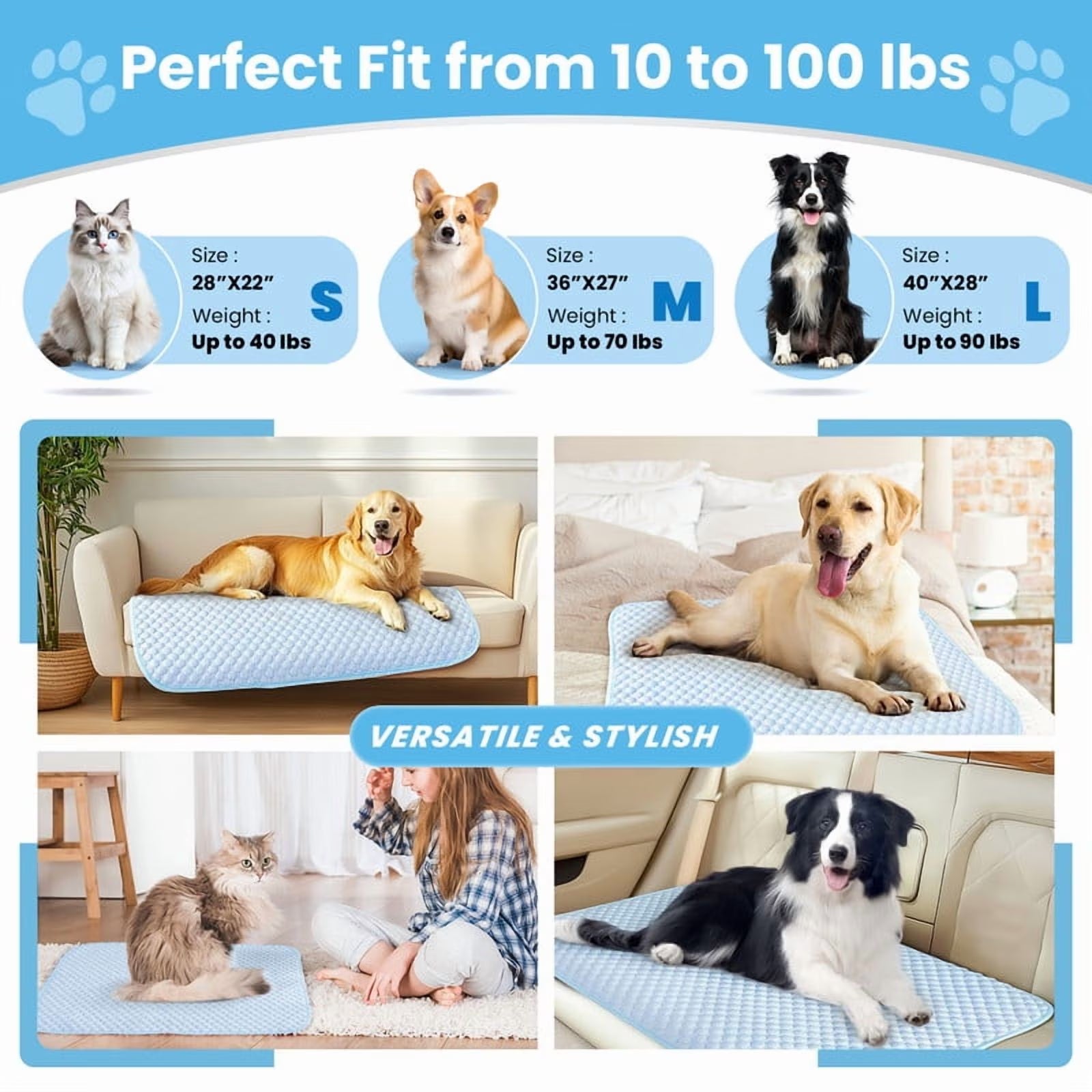 Dog Cooling Mat for Dogs & Cats, Washable Pet Pad with Non-Slip Bottom, Indoor Outdoor Summer Heat Relief, Medium 36X24 Inch, Blue